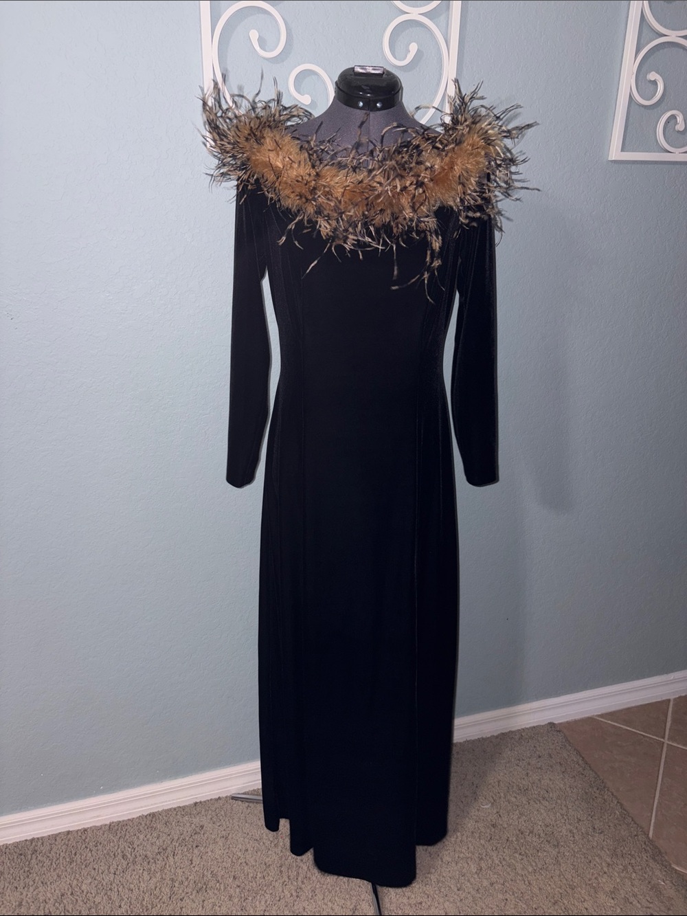 RARE like new Cachet floor length velvet & feathers off shoulder evening gown